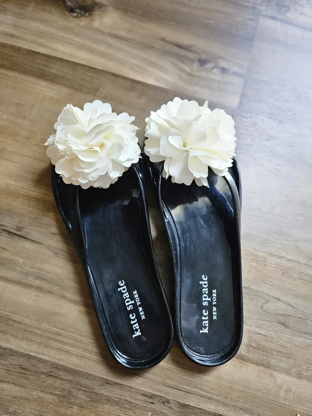Kate Spade Black Jelly Slide Sandals with White Floral Accent